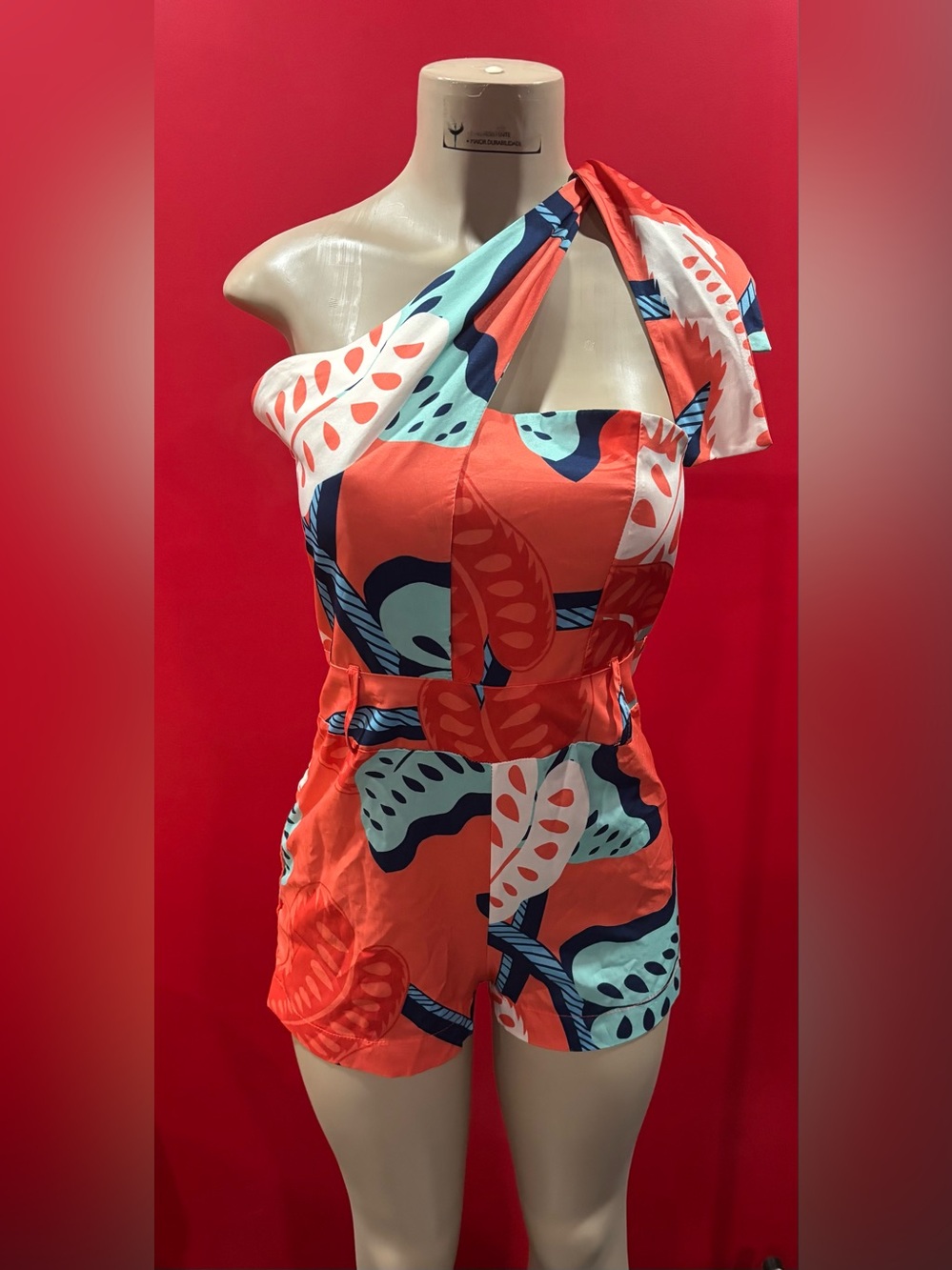 One-Shoulder Tropical Print Romper in Coral & Teal